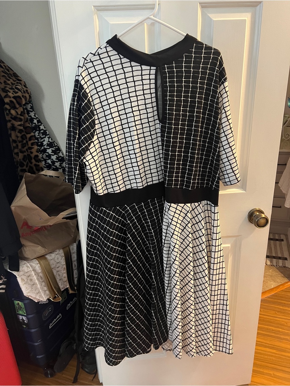 Ashley Stewart Black & White Grid-Panel Midi Dress